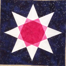 Load image into Gallery viewer, Rainbow Star Quilt Block Pattern by Penny Spool Quilts. Eight pointed star with pink center and white tips, on navy background.