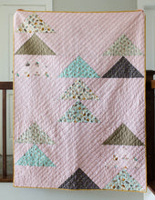 Load image into Gallery viewer, Flocks of Colour quilt pattern by Penny Spool Quilts. Throw quilt in pink, brown, aqua and beige.