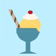 Load image into Gallery viewer, Ice Cream Bowl quilt block pattern by Penny Spool Quilts. Part of the Ice Cream Sunday collection. Digital mockup showing yellow ice cream topped with whipped cream and red cherry, with striped chocolate wafer straw, in a turquoise bowl with stem. Light blue background.