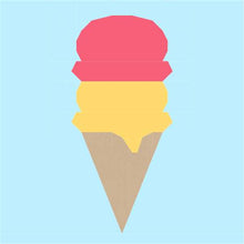 Load image into Gallery viewer, Ice Cream Cone quilt block pattern by Penny Spool Quilts. Part of the Ice Cream Sunday collection. Digital mockup of light brown cone topped with one scoop of yellow and one scoop of pink ice cream, on light blue background