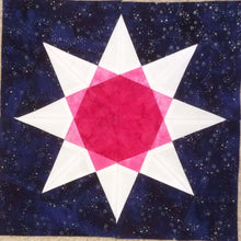 Load image into Gallery viewer, Rainbow Star Quilt Block Pattern by Penny Spool Quilts. Eight pointed star with pink center and white tips, on navy background.