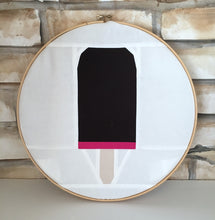 Load image into Gallery viewer, Ice Cream Bar 1 foundation paper pieced quilt block pattern by Penny Spool Quilts. Pink and brown ice cream bar on white background, framed in embroidery hoop.