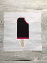 Load image into Gallery viewer, Ice Cream Bar 2 foundation paper pieced quilt block pattern by Penny Spool Quilts. Shows raspberry chocolate ice cream bar with bite out top corner, on white background fabric.