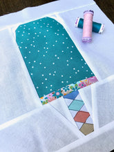 Load image into Gallery viewer, Ice Cream Bar 1 foundation paper pieced quilt block pattern by Penny Spool Quilts. Turquoise and floral ice cream bar on white.