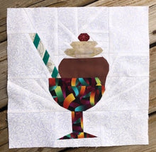 Load image into Gallery viewer, Ice Cream Bowl quilt block pattern by Penny Spool Quilts. Part of the Ice Cream Sunday collection. Sample shows chocolate ice cream topped with whipped cream and a red cherry, and a green and white striped straw, in a multicoloured bowl with stem, on white background.