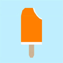 Load image into Gallery viewer, Ice Cream Bar 2 foundation paper pieced quilt block pattern by Penny Spool Quilts. Shows orange creamsicle with bite out of top corner, on ligth blue background, digital mockup