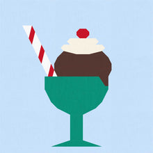 Load image into Gallery viewer, Ice Cream Bowl quilt block pattern by Penny Spool Quilts. Part of the Ice Cream Sunday collection. Digital mockup showing chocolate ice cream topped with whipped cream and red cherry, with a red and white striped straw, in a green bowl with stem. Light blue background.