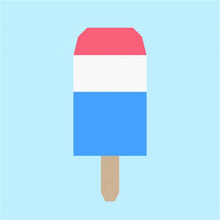 Load image into Gallery viewer, Popsicle 1 quilt block pattern by Penny Spool Quilts. Part of the Ice Cream Sunday collection. Digital mockup of tri-coloured popsicle in red, white and blue and on light blue background