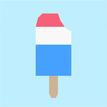Load image into Gallery viewer, Popsicle 2 quilt block pattern by Penny Spool Quilts. Part of the Ice Cream Sunday collection. Digital mockup of tri-coloured popsicle with a bite taken out in top right corner, in red, white and blue solid fabrics on light blue background.