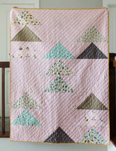 Load image into Gallery viewer, Flocks of Colour quilt pattern by Penny Spool Quilts. Throw quilt in pink, brown, aqua and beige.
