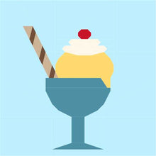 Load image into Gallery viewer, Ice Cream Bowl quilt block pattern by Penny Spool Quilts. Part of the Ice Cream Sunday collection. Digital mockup showing yellow ice cream topped with whipped cream and red cherry, with striped chocolate wafer straw, in a turquoise bowl with stem. Light blue background.
