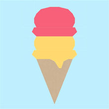Load image into Gallery viewer, Ice Cream Cone quilt block pattern by Penny Spool Quilts. Part of the Ice Cream Sunday collection. Digital mockup of light brown cone topped with one scoop of yellow and one scoop of pink ice cream, on light blue background
