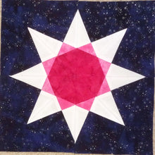 Load image into Gallery viewer, Rainbow Star Quilt Block Pattern by Penny Spool Quilts. Eight pointed star with pink center and white tips, on navy background.
