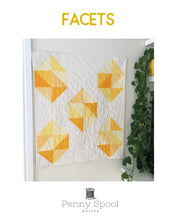 Load image into Gallery viewer, Facets quilt pattern by Penny Spool Quilts. Cover page of pattern showing quilt with yellow large scale gemstones on white background.

