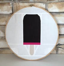 Load image into Gallery viewer, Ice Cream Bar 1 foundation paper pieced quilt block pattern by Penny Spool Quilts. Pink and brown ice cream bar on white background, framed in embroidery hoop.
