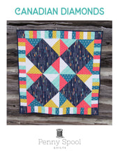 Load image into Gallery viewer, cover image of canadian diamonds quilt pattern by penny spool quilts. Quilt is four large diamonds surrounded by half-square triangles and a pieced border
