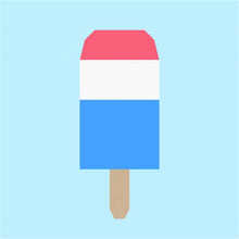 Load image into Gallery viewer, Popsicle 1 quilt block pattern by Penny Spool Quilts. Part of the Ice Cream Sunday collection. Digital mockup of tri-coloured popsicle in red, white and blue and on light blue background
