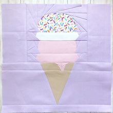 Load image into Gallery viewer, Ice Cream Cone quilt block pattern by Penny Spool Quilts. Part of the Ice Cream Sunday collection. Wafer cone with one scoop of light pink ice cream, whipped cream and one scoop of rainbow sprinkled ice cream, on lilac background.
